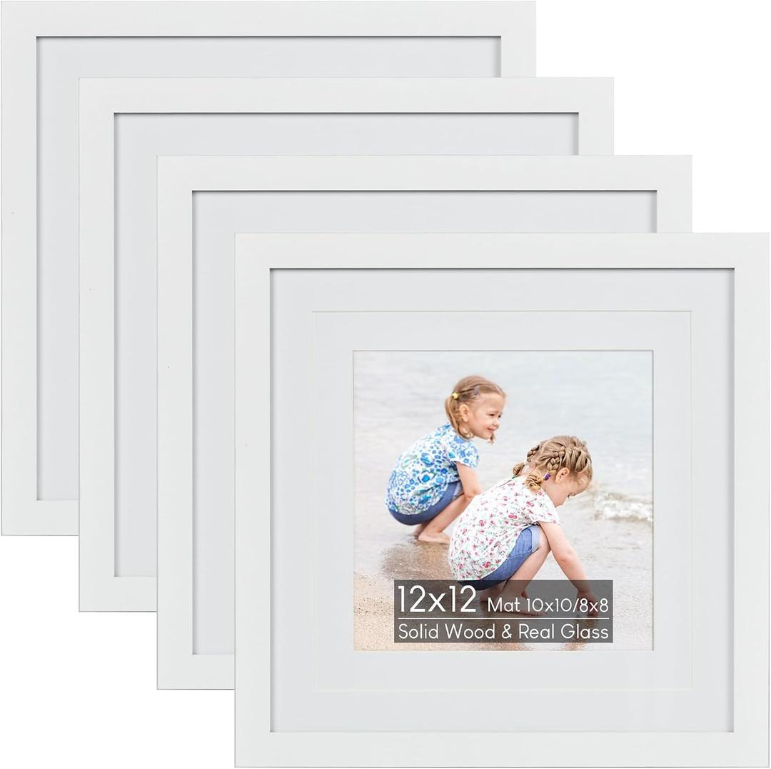 12x12 Wooden Picture Frame Set of 4 (with 10x10 8x8 Mat), Solid Wood with Real HD Glass, Wall Mount Display, Home Office Photo Frames Collage Wall Décor, White