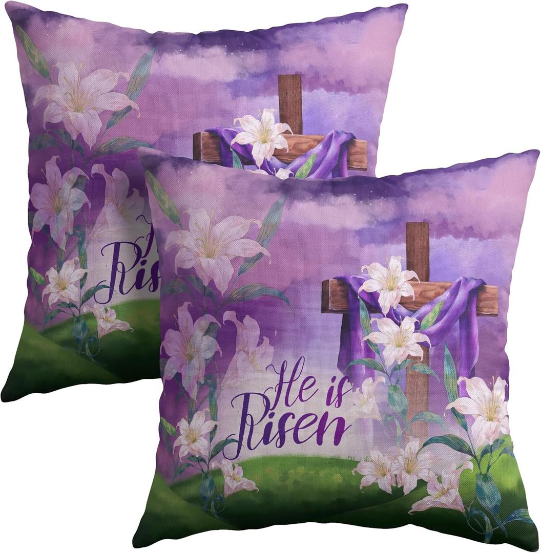 Kawani Easter Throw Pillow Covers 18x18 Set of 2 He is Risen Cushion Case Cotton Linen Square Happy Easter Purple Throw Pillows Case for Spring Flowers Party Sofa Couch Bed Bench Outdoor