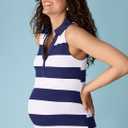 Motherhood Maternity Women's Sleeveless Rib Knit V-Neck Polo Pregnancy Top (Blue, L)