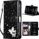 UEEBAI Wallet Case for iPhone 17, Glitter PU Leather Phone Cover Card Slots Kickstand Wallet Magnetic Closure Bling Flip Case Shockproof Hand Strap Flip Cover - Black