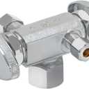 Eastman 3/8 inch OD Compression x 1/4 inch OD Compression x 1/2 inch FIP Multi-Turn Dual Handle Three Way Stop Valve, Brass Plumbing Fitting, Chrome, 04423LF