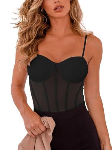 REORIA Women's Summer Sexy Mesh Sheer Spaghetti Strap Backless Going out Slimming Bustier Corset Leotards Tummy Control Bodysuit Tank Top With Built In Bra (- Black Medium)