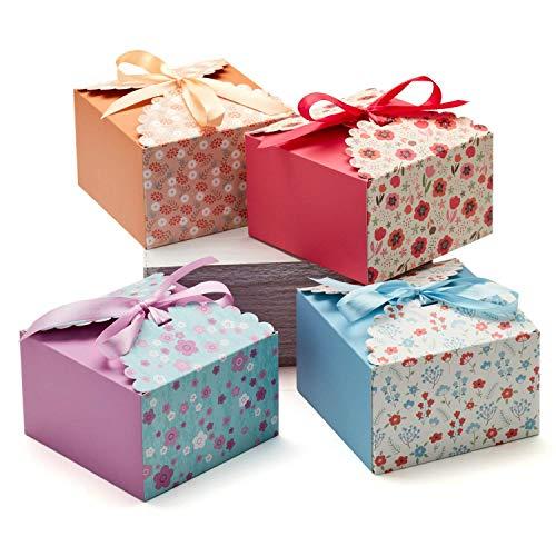 Small Floral Gift Boxes with Lids & Ribbons (20 Pack) 5.8” x 3.7” Empty Decorative Treat Boxes for Gift Giving, Baked Goods, Square Cookie Tins, Mithai Indian Sweets, Candy, Diwali, Bulk, Return, Cute