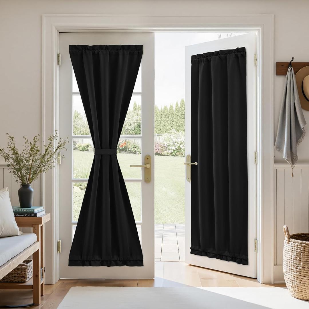 HOMEIDEAS Blackout French Door Curtain, Privacy Door Window Curtains, Thermal Insulated Blinds with Tie Up for Front, Sidelight, Glassdoor, Black, 26W X 72L Inch, 1 Panel