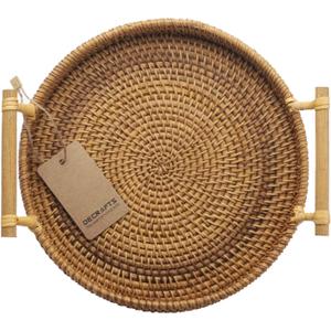 DECRAFTS Round Rattan Tray Woven Bread Basket with Handles Small Cracker Tray for Serving Dinner Parties Coffee Table Tea (Natural 11 inches Diameter)
