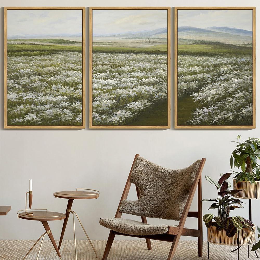 SHENIFY Vintage Landscape Framed Wall Art Meadow with Flowers Scenery Farmhouse Decor Rustic Retro Grassland Wildflower Field Painting for Bedroom Dining Room - 24x36in3pcs Natural Framed