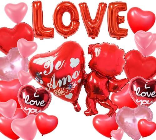 2 Pack of 27pcs Valentine's Day Balloons Love Theme Romantic Theme Party Balloons Te Amo Cupid Balloons Red Heart Balloons for Romantic Proposal Wedding Anniversary Party Decorations