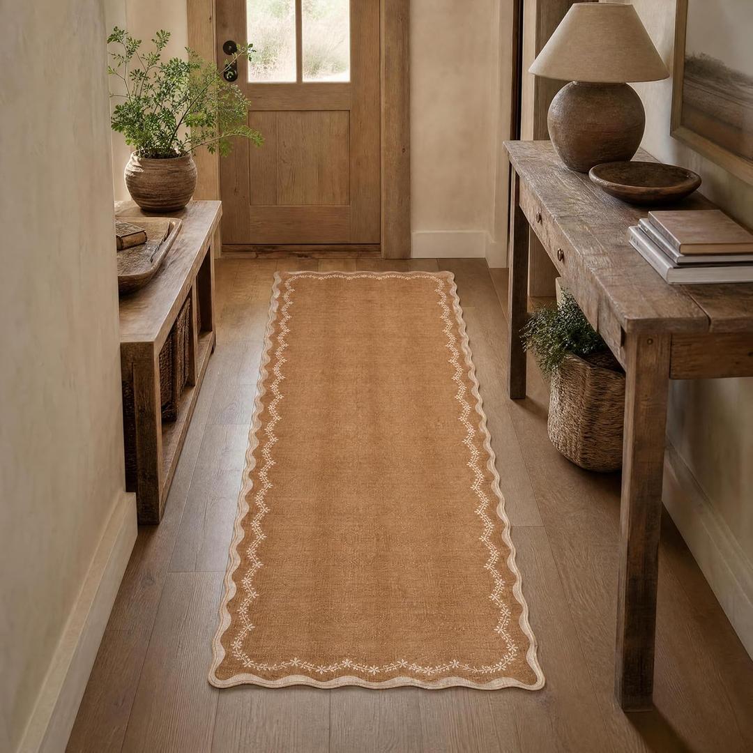 GarveeHome 2.6x10 Scalloped Washable Runner Rug for Kitchen, Soft Brown Long Hallway Runner Non Slip Entryway Rug Farmhouse Thin Laundry Mat Stain Resistant Carpet for Bathroom Beside Rug