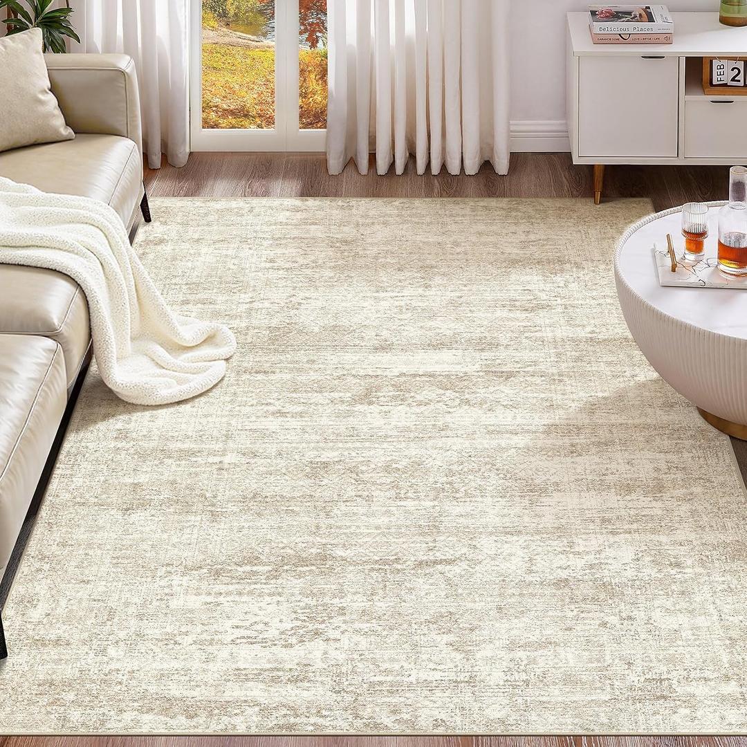 UERMEI 8x10 Area Rug Living Room Rugs - Washable Neutral Modern Abstract Soft Thin Rug Indoor Floor No Slip Rug Carpet for Bedroom Under Dining Table Home Office Decor - Beige/Brown