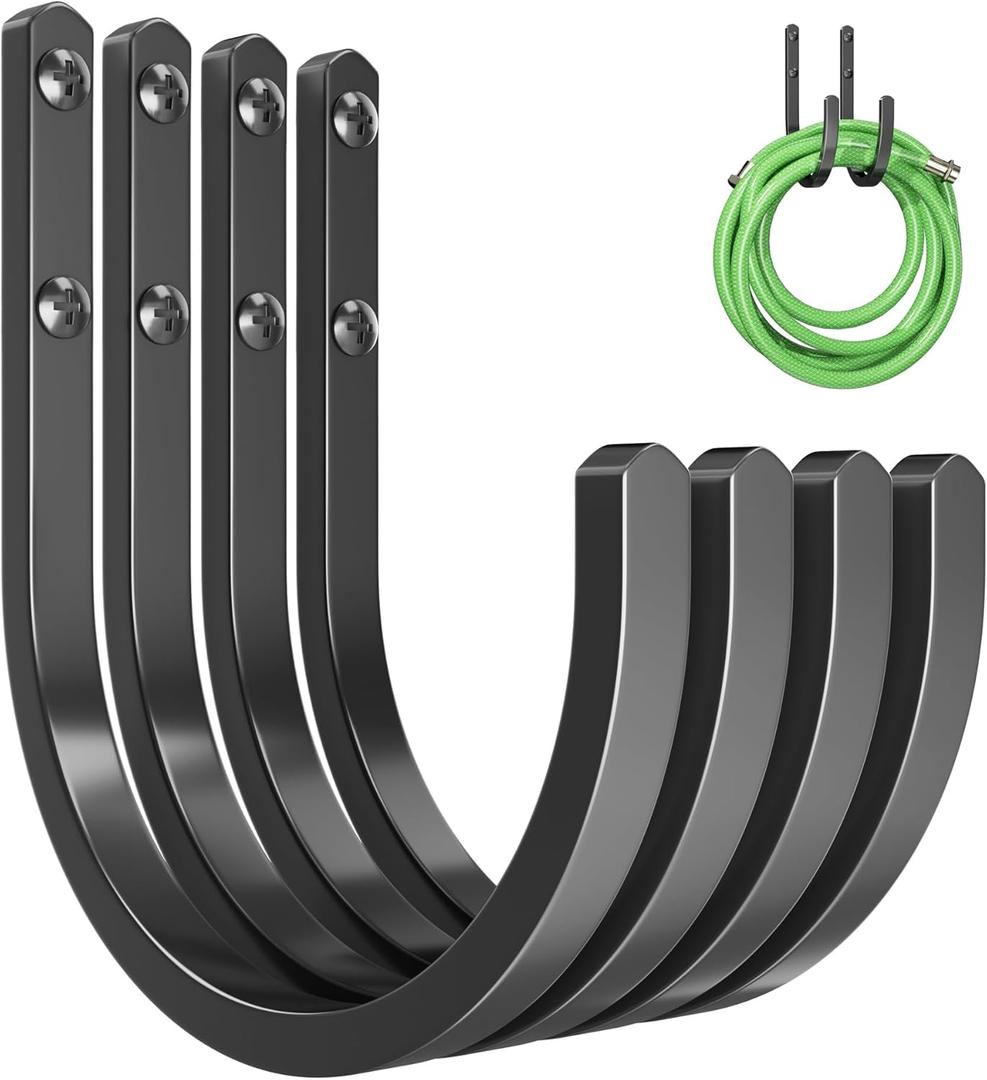 Garden Hose Holder Wall Mount - Aluminum Hose Hanger for Outside, Durable Wall-Mounted Hose Holder for Garden & Outdoor Use4 Hooks (Black)