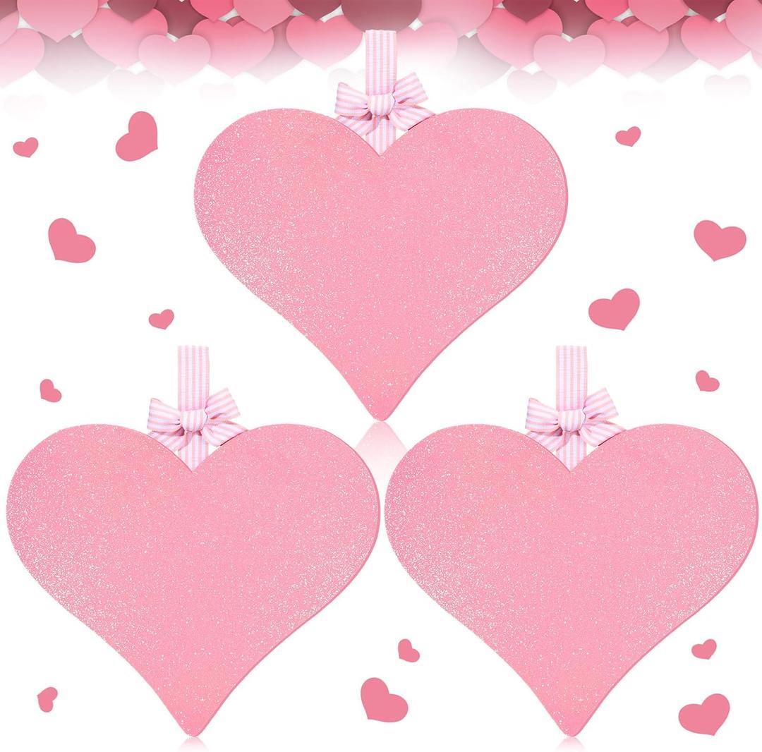 RattanView 3 Pcs Valentines Door Decorations Valentines Heart Door Hanger Decorations Red Glitter Heart Shaped Wooden Hanging Sign 11 x 12 Inch for Home Wall Porch Wedding (Pink)