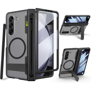 for Samsung Galaxy Z Fold 5 Case with New Integrate Thinner Pen Holder, Adjustable Metal Stand, for Round Shape Magsafe Accessories, Screen Protector,Translucent Clear Back Magnetic 2023-Black