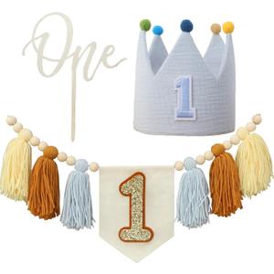 Baby 1st Birthday Party Decorations For Handmade Blue Tassel Garland Highchair Banner With Cake Topper Crown Hat (Yellow Brown Blue)