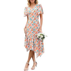 Dressystar Floral Summer Dress V Neck Midi Women Sun Dresses Short Sleeve Ruffle Casual Boho Vacation (Large, Orange Blue Flower)