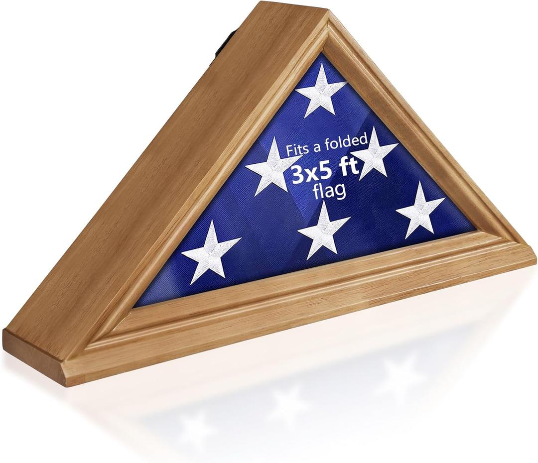 Flag Display Case for 3' x 5' Folded Flag Solid Wood Flag Display Box with HD Tempered Glass Wall Mount Thick Base Triangle Flag Holder for Veterans (Not for Burial Flag) Walnut