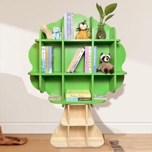 Kids Bookshelf - Wooden Kids Bookcase, Tree Bookshelf for Children and Toddlers, Green Book Shelf for Kids Rooms, Playroom, Bedroom