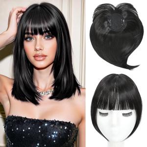 2 x Clip in Bangs, French Bangs Hair Clip, 360Cover Top Hair Toppers for Women with Thinning Hairs, 10 Inch Fake Bang Hairs Pieces for Women Daily Wear (Natural Black)