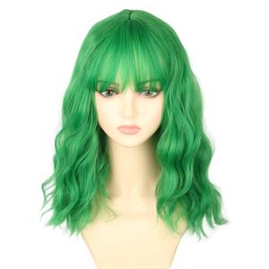 Green Short Bob Wavy Wig with Air Bangs Heat Resistant Shoulder Length Curly Wigs for Daily Use, Cosplay and Theme Party