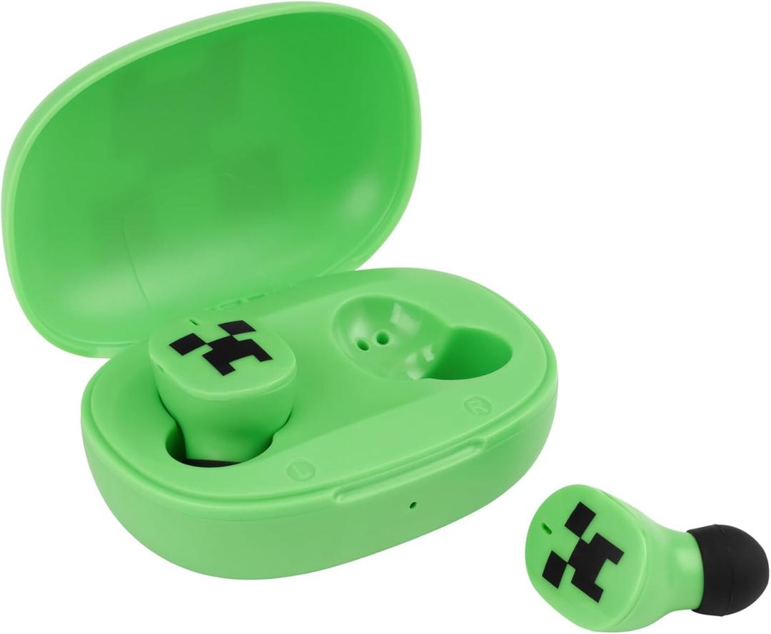 eKids Minecraft Bluetooth Earbuds with Microphone, Wireless Earbuds with Charging Case for Ear Buds, Designed for School, Home, or Travel (Green)