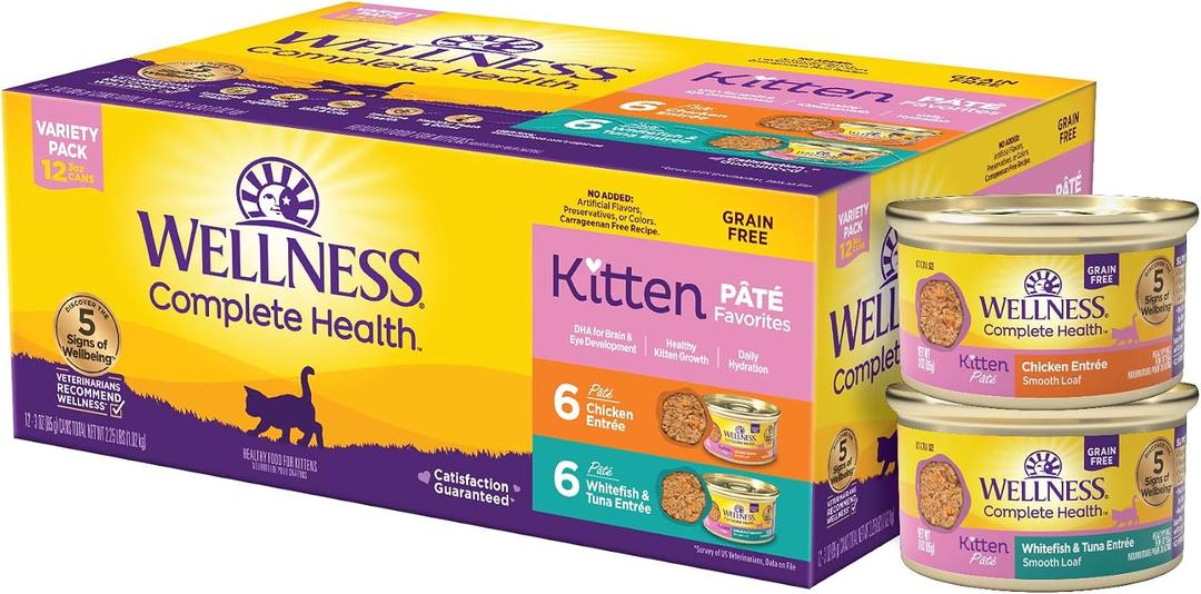 Wellness Complete Health Pate Variety Pack Kitten Canned Wet Cat Food, Natural, Protein Rich, Grain Free, Whitefish and Chicken Recipes, 3 oz, Pack of 12 Cans (EXP 09/25/26)