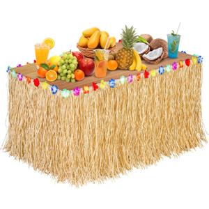 Aodaer Paper Luau Grass Table Skirt with Hibiscus Flowers 9 Feet x 30 Inch Raffia Style Hawaiian Table Skirt Rectangle Tropical Luau Party Decorations for Summer Beach Party, Straw