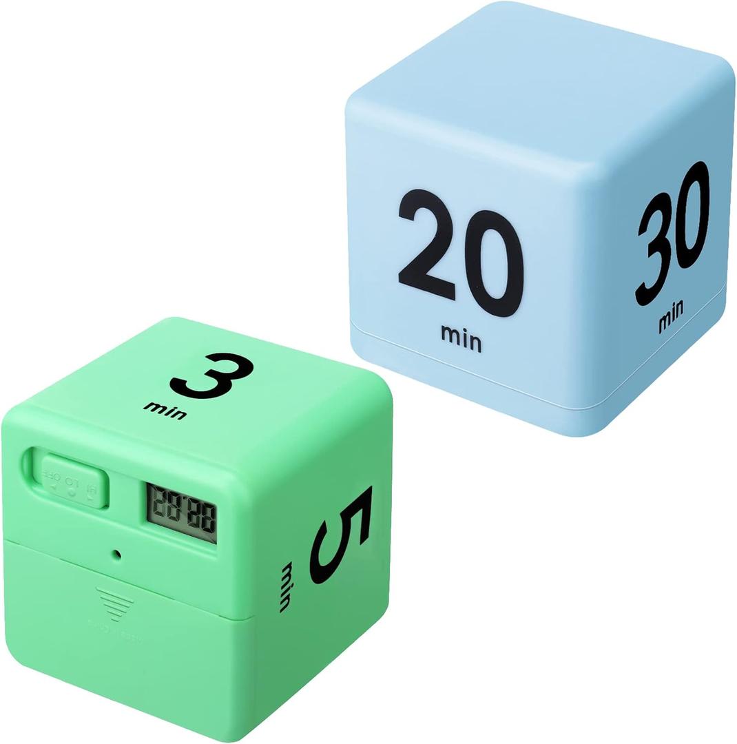 Weewooday 2 Pieces Cube Productivity Timer Flip Gravity Sensor Flip Countdown Countup Workout Timer Management 1 3 5 10 Minutes and 15 20 30 60 Minutes for Work Learning Kitchen Cooking(Green, Blue)