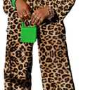 kaimimei Casual 2 Piece Outfit for Women - Linen Long Sleeve Button Down Shirt + Flare Pleated Wide Leg Pants Sets Streetwear (X-Large, Leopard)