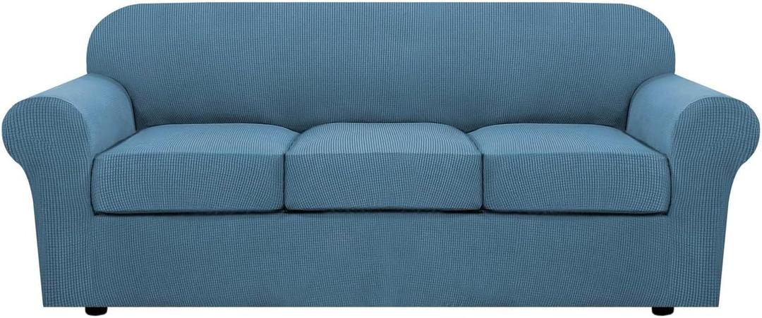 H.VERSAILTEX 4 Piece Stretch Sofa Covers for 3 Cushion Couch Covers for Living Room Furniture Slipcovers (Base Cover Plus 3 Seat Cushion Covers) Upgraded Thicker Jacquard Fabric (Sofa, Dusty Blue) (Large)