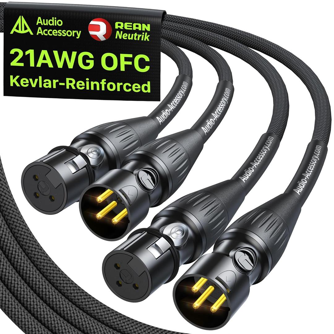 XLR Cables 10ft 2 Pack, Neutrik REAN Gold-Pin Connectors, 21AWG OFC, Kevlar-Reinforced 10X Heavy Duty Nylon Braided, Dual Shielded Noiseless Balanced Microphone Cable for Shure Mic