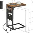 TUTOTAK C Shaped End Table with Charging Station, Side Table for Sofa, Couch Table with Storage Bag, TV Tray with 2 USB Ports and Outlets for Living Room, Bedroom, Brown TB01BB024