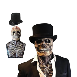 Halloween Skull Mask Scary Full Head Latex Skeleton Mask Moving Jaw,Creepy Biochemical Bare Brain Mask Halloween Decorations (with Hat)