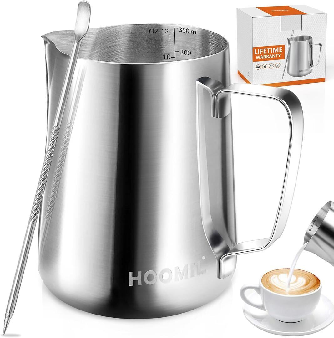 HOOMIL Milk Frothing Pitcher, 12oz/20oz/32oz Stainless Steel Steaming Pitcher Barista Milk Frother Cup Jug for Espresso Machine Coffee Cappuccino Latte Art - 12oz (Silver)