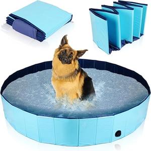 Dog Pool Extra Large Diameter 120 cm Foldable Non-Slip with Drain Valve Dog Paddling Pool Swimming Pool Blue