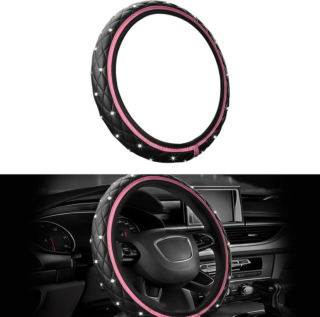 Bling Car Steering Wheel Cover, 15 Inch Non-Slip Elastic Soft Leather Steering Wheel Protector, Sparkly Diamond Vehicle Decor for Women Girls, Car Interior Accessories for Most Cars (Pink)