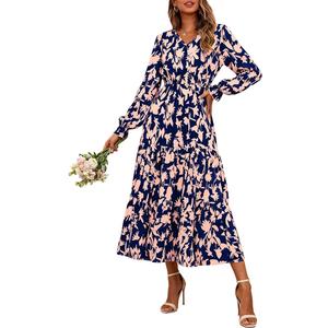 BTFBM Women Fall Dresses 2025 Casual Long Sleeve V Neck Maxi Dresses Floral Boho Long Dress Wedding Guest Dress XXL