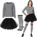 Jadive Christmas Costumes for Women, Striped Long Sleeve T-Shirts Tulle Tutu Skirt Long Striped Stockings Socks.M