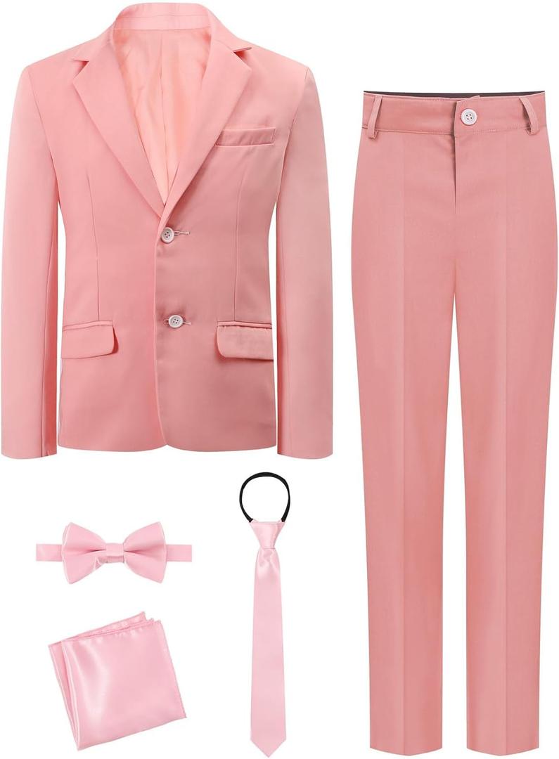 A&J DESIGN Boys 5-Piece Formal Suit Set with Jacket, Dress Pants, Tie, Bowtie and Pocket Square (Pink, M), Size 12