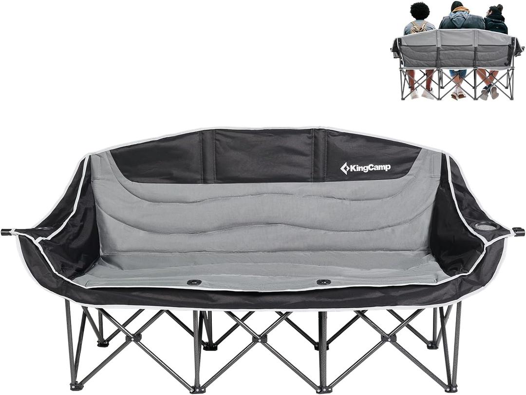 KingCamp 3 Person Camping Chair, Oversized 1100lbs Heavy Duty Loveseat for Adults Portable Folding XL 2 Person Couch Padded Comfortable Three Seat with Cup Holder for Outdoor Lawn Backyard, Black/Grey