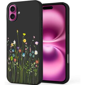 Unov Case Designed for iPhone 16, Black Phone Case with [Anti-Slip Embossed Pattern], Shockproof Slim Protective [Anti-Scratch TPU] Back Cover, Floral Bouquet