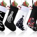 Realspring 4 Pcs Black Christmas Stockings Black and White Goth Christmas Stockings with Plush Cuff Classic Fireplace Hanging Ornament Family Holiday Party Decoration