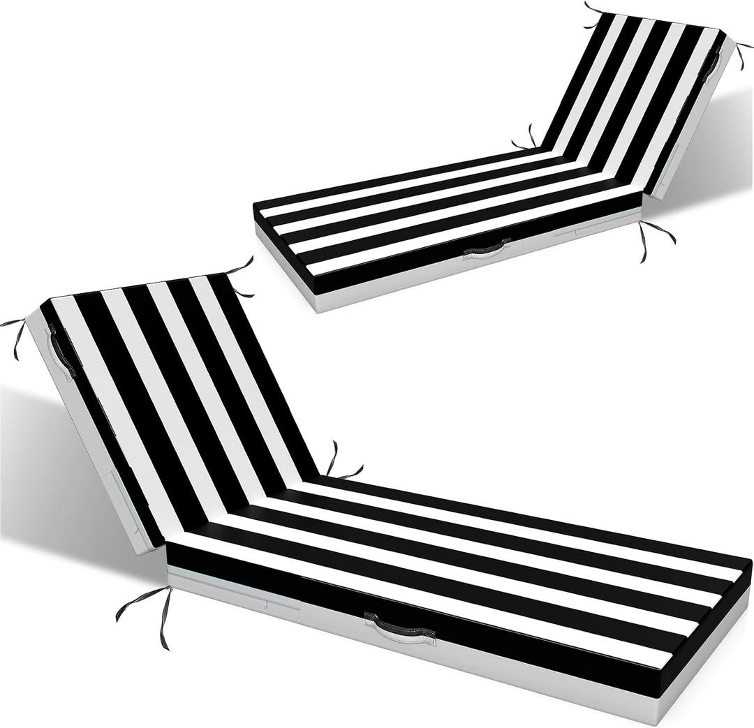 L'AGRATY Outdoor Lounge Chaise Cushion: 72x21x3 Inch Waterproof Lounge Chair Cushion for Outdoor Furniture with Fade Resistant Removable Cover - Patio Cushions for Pool Lawn Deck(Black White 2Pcs)