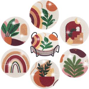 Temlum 6 Pcs Diamond Painting Coasters with Holder, Abstract Plants Coasters Diamond Art Kits for Beginners, Adults Small Diamond Painting Kit Art Craft Supplies