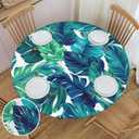 WILL BUDXEG Spring Green Tropical Palm Leaf Summer Round Fitted Table Covers Elastic Edge Circle Tablecloth for Dining Party Holiday Fits Table Up 45"-50" Diameter (Black4)