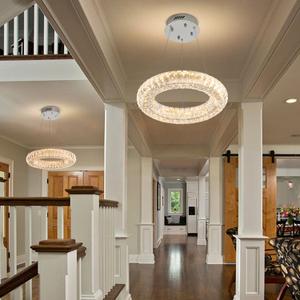 Modern Crystal Chandelier Dimmable LED 15.7" Ring Pendant Light Adjustable Round Chrome Crystal Chandelier Light Fixtures for Dining Room Living Room