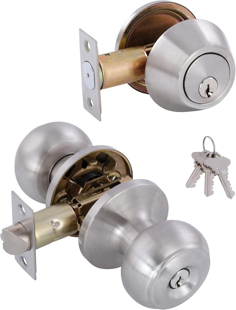 All Keyed Identical Deadbolt Door Knob Combo Set - Single Cylinder Lock With Classic Satin Nickel Exterior Knobs for Entrance and Front Door (1)
