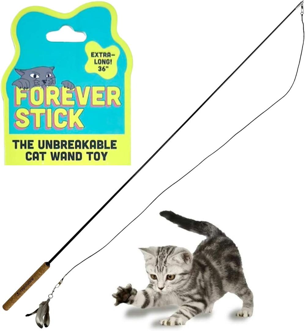 Forever Stick - The Unbreakable Cat Wand Toy, Extra Long Durable Cat String Toy for Indoor Cats, Cat Fishing Pole Toy for Bored Indoor Adult Cats, Feather String Toy On Stick Enrichment (AA  Forever Stick (1-Pack))