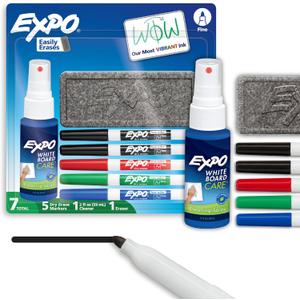 EXPO Low Odor Dry Erase Marker Set with White Board Eraser and Cleaner Fine Tip Dry Erase Markers Assorted Colors 7 Piece Set with Whiteboard Cleaner