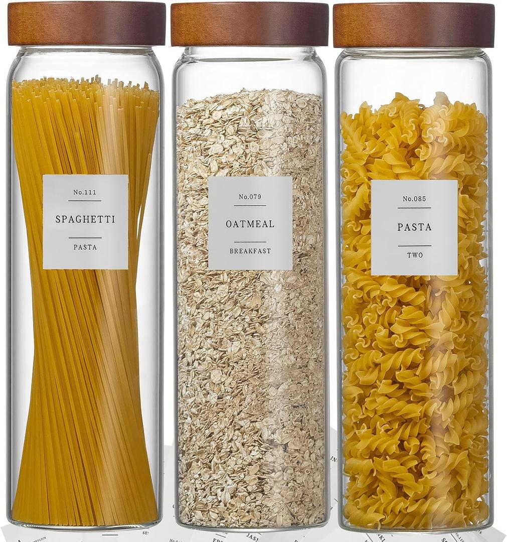 Wissy&Konny 3 Pack Glass Pasta Storage Containers with Screw wood Airtight Lid, 70oz Tall Glass Jar with Lid Spaghetti Container Storage for Pasta,Spaghetti,Cereal (132 Pantry Labels)