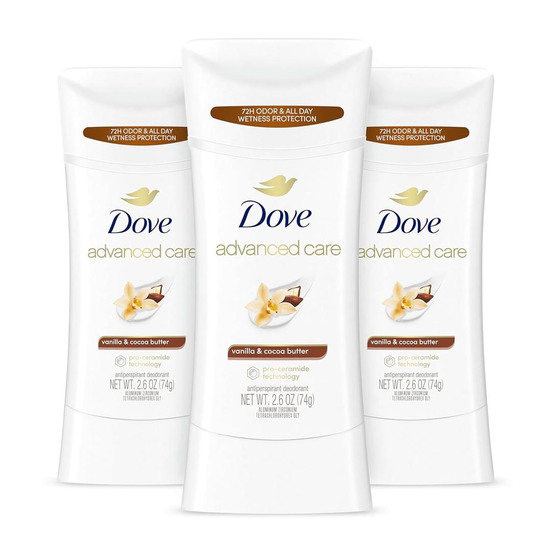 Dove Advanced Care Antiperspirant Deodorant Stick Vanilla & Cocoa Butter 3 Count Antiperspirant deodorant with Pro-Ceramide Technology 72-hour odor control and all-day sweat protection 2.6 oz (7.8 Ounce (Pack of 1))