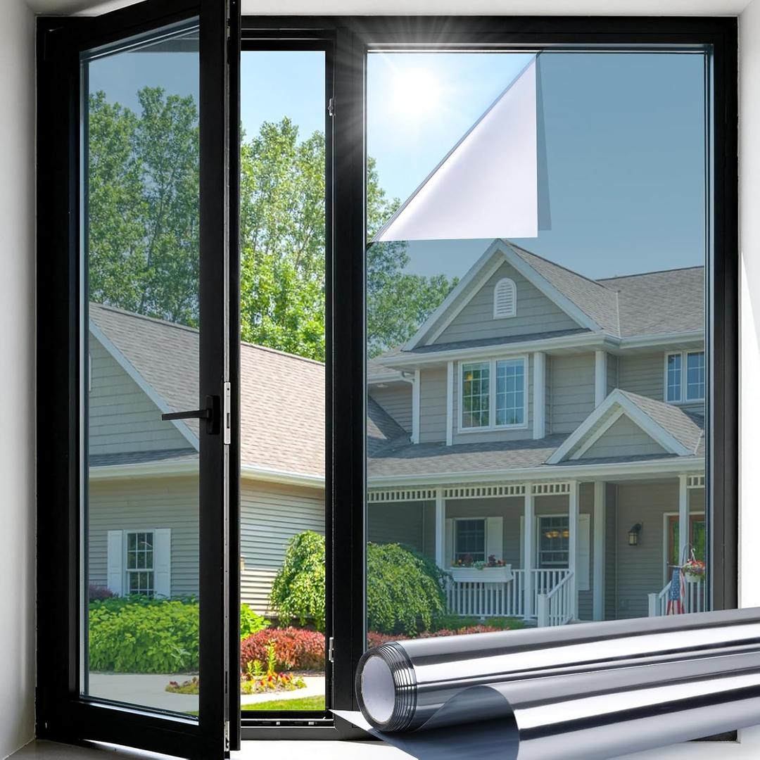 LUTE One Way Window Privacy Film, Window Tint for Home, Sun Blocking UV Heat Blocker, See Out Not in Reflective Mirror Film, Removable Static Cling Glass Door Coverings, Silver, 35.4" x 78.7"